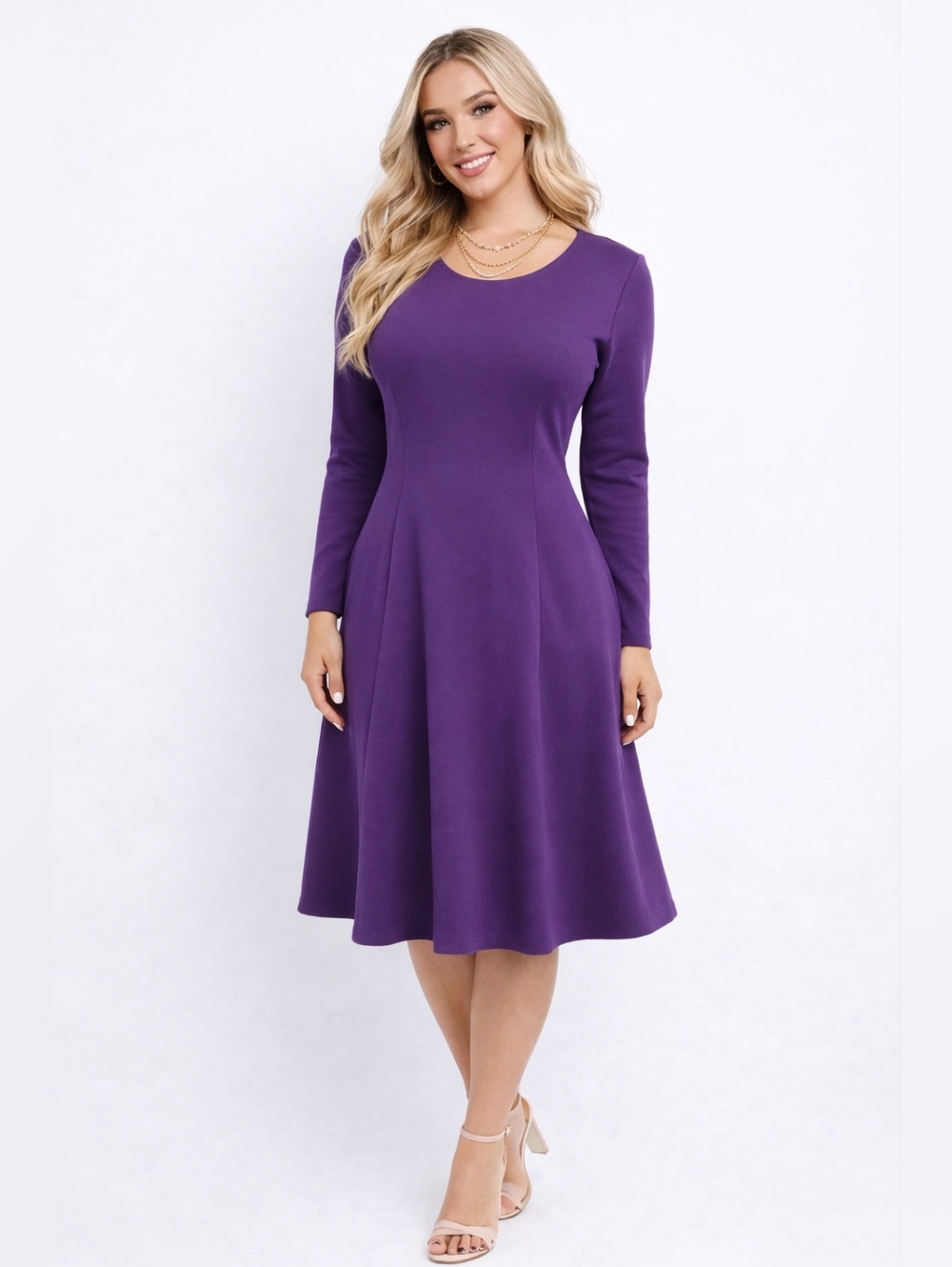PRETTYGARDEN Purple Long Sleeve Fit & Flare A Line Dress Size Medium